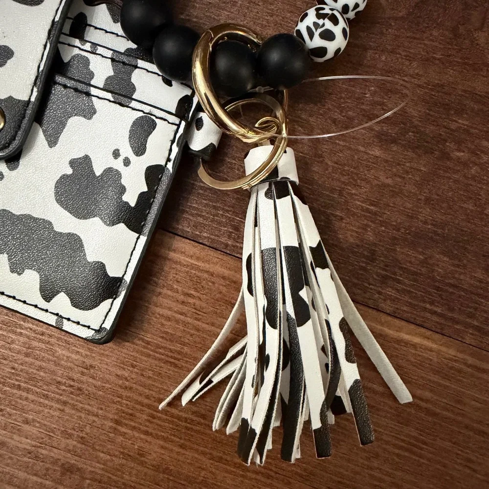 Cow Print Card Holder Wallet with Silicone Bead Wristlet Keychain Tassel Black